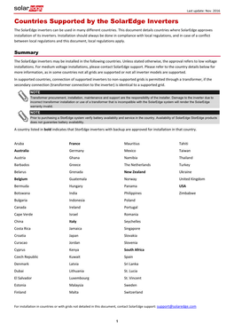 Countries Supported by the Solaredge Inverters the Solaredge Inverters Can Be Used in Many Different Countries