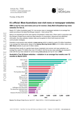 Top 20 News Websites – Visitation in an Average Four Weeks Over 12