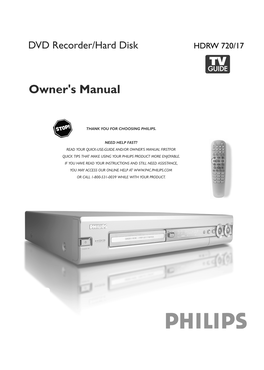 User Manual the DVD Recorder/Hard DVD Video Uses Modern MPEG2 Data Compression Disk Will Be Mentioned As DVD-Recorder