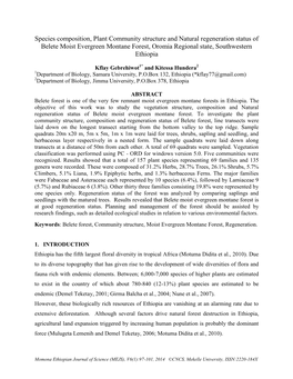 Species Composition, Plant Community Structure and Natural Regeneration Status of Belete Moist Evergreen Montane Forest, Oromia Regional State, Southwestern Ethiopia