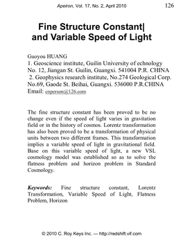 Fine Structure Constant| and Variable Speed of Light