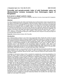 Fecundity and Gonado-Somatic Index of Wild Freshwater Spiny Eel Mastacembelus Armatus (Lacepede) from Kishoreganj Region of Bangladesh