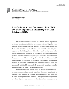 Reseña. Jorge Arrate. Con Viento a Favor. Vol. I. Del Frente Popular a La Unidad Popular