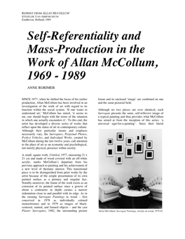 Self-Referentiality and Mass-Production in the Work of Allan Mccollum, 1969 - 1989
