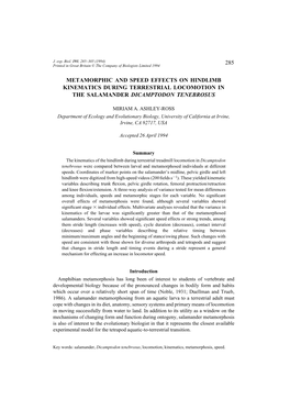 285 Metamorphic and Speed Effects on Hindlimb Kinematics During Terrestrial Locomotion in the Salamander Dicamptodon Tenebrosus