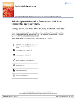 Axicabtagene Ciloleucel, a First-In-Class CAR T Cell Therapy for Aggressive NHL