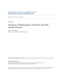 Nuisance, Ultrahazardous Activities, and the Atomic Reactor Monroe H