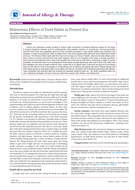 Deleterious Effects of Food Habits in Present Era Aliya Siddiqui1*And Naga Anusha P2 1Department of Biotechnology, Chaitanya P.G