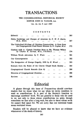 Editorial 265 Philip Doddridge and Charges of Arianism by F