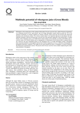 Multitude Potential of Wheatgrass Juice (Green Blood)