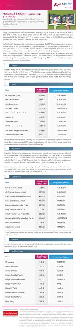 Mutual Fund Distributors' Income Jumps 33% in FY17 Mutual Funds Paid a Whopping Rs 4986.67 Crore As Gross Commissions and Expenses to 687 Top Distributors