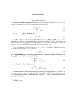 The Rth Moment About the Origin of a Random Variable X, Denoted By