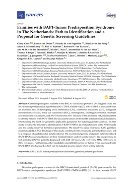 Families with BAP1-Tumor Predisposition Syndrome in the Netherlands: Path to Identiﬁcation and a Proposal for Genetic Screening Guidelines