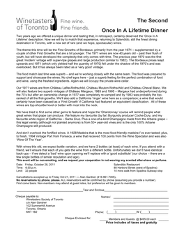 The Second Once in a Lifetime Dinner Two Years Ago We Offered a Unique Dinner and Tasting That, in Retrospect, Certainly Deserved the ‘Once in a Lifetime’ Description