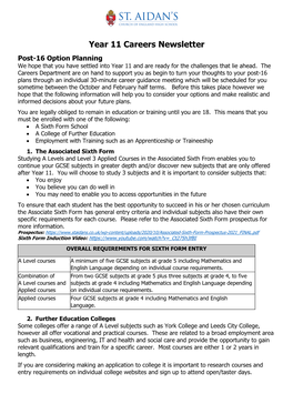 Year 11 Careers Newsletter Post-16 Option Planning We Hope That You Have Settled Into Year 11 and Are Ready for the Challenges That Lie Ahead