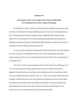 Abraham Low Jason Jimenez, M.S., Lisa K. Lashley, Psyd., Charles Golden, Phd. Nova Southeastern University, College of Psycholog