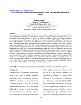 Job Satisfaction Among Library Personnel in Public Universities in South-West Nigeria