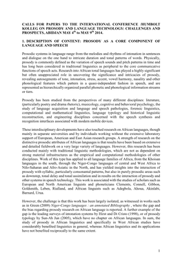 CALLS for PAPERS to the INTERNATIONAL CONFERENCE /HUMBOLT KOLLEG on PROSODY and LANGUAGE TECHNOLOGY: CHALLENGES and PROSPECTS, ABIDJAN MAY 4Th to MAY 9Th 2014