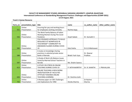 FACULTY of MANAGEMENT STUDIES, MOHANLAL SUKHADIA UNIVERSITY, UDAIPUR, RAJASTHAN International Conference on Standardizing Manage