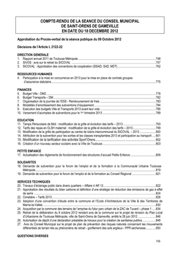 Compte-Rendu De La Seance Du Conseil Municipal De Saint-Orens De Gameville En Date Du 18 Decembre 2012