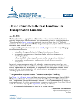 House Committees Release Guidance for Transportation Earmarks