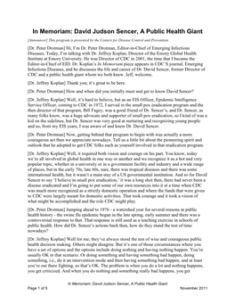 In Memoriam: David Judson Sencer, a Public Health Giant [Announcer] This Program Is Presented by the Centers for Disease Control and Prevention