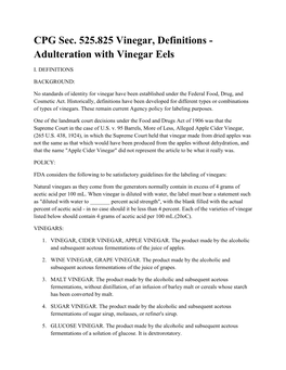 CPG Sec. 525.825 Vinegar, Definitions - Adulteration with Vinegar Eels