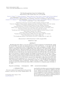 The Breakthrough Listen Search for Intelligent Life: Observations of 1327 Nearby Stars Over 1.10–3.45 Ghz Submitted to Apj