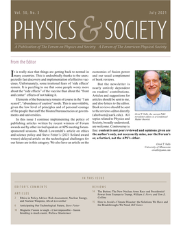 PHYSICS SOCIETY a Publication of the Forum on Physics And& Society a Forum of the American Physical Society from the Editor