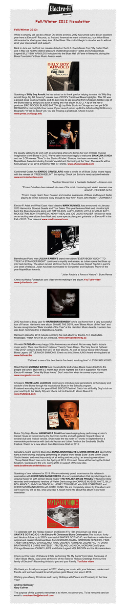 Fall/Winter 2012 Electro-Fi Newsletter