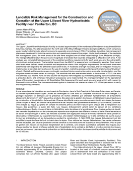 Landslide Risk Management for the Construction and Operation of the Upper Lillooet River Hydroelectric Facility Near Pemberton, BC