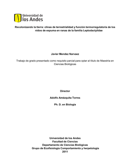 Recolonizando La Tierra: Clinas De Terrestrialidad Y Función Termorregulatoria De Los Nidos De Espuma En Ranas De La Familia Leptodactylidae