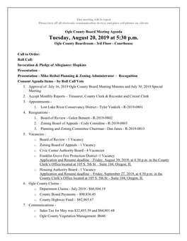 Tuesday, August 20, 2019 at 5:30 P.M. Ogle County Boardroom - 3Rd Floor - Courthouse