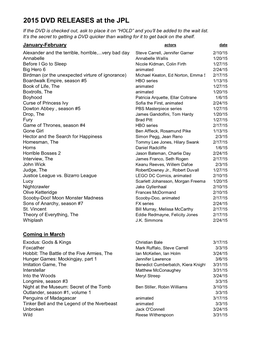 2015 DVD RELEASES at the JPL If the DVD Is Checked Out, Ask to Place It on “HOLD” and You’Ll Be Added to the Wait List