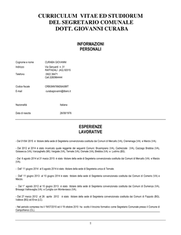 Curriculum Vitae Ed Studiorum Del Segretario Comunale Dott