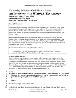 An Interview with Winifred (Tim) Asprey Conducted Friday, 23 March 2007 at Poughkeepsie, New York Interview Conducted by Viera Proulx