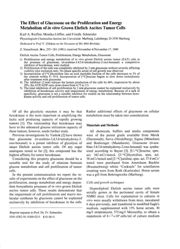 The Effect of Glucosone on the Proliferation and Energy Metabolism of in Vitro Grown Ehrlich Ascites Tumor Cells Karl A