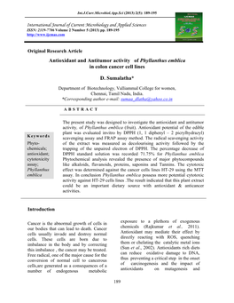 Antioxidant and Antitumor Activity of Phyllanthus Emblica in Colon Cancer Cell Lines