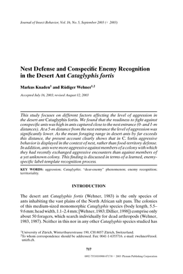 Nest Defense and Conspecific Enemy Recognition in the Desert