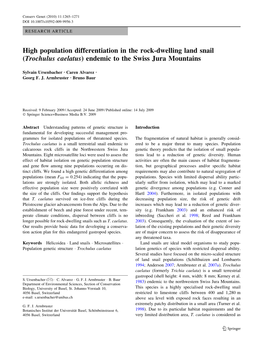 High Population Differentiation in the Rock-Dwelling Land Snail (Trochulus Caelatus) Endemic to the Swiss Jura Mountains