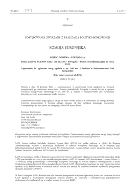 PORTUGALIA Pomoc Państwa SA.62043 C/2021 (Ex 2021/N) – Portugalia – Pomoc Restrukturyzacyjna Na Rzecz SATA Zaproszenie Do Zgłaszania Uwag Zgodnie Z Art