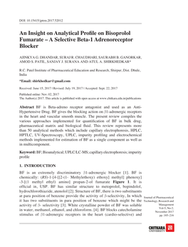 An Insight on Analytical Profile on Bisoprolol Fumarate – a Selective Beta-1 Adrenoreceptor Blocker