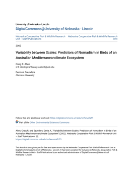 Predictors of Nomadism in Birds of an Australian Mediterraneanclimate Ecosystem