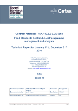 Annual Report on the Results of the E.Coli Monitoring Programme for Scotland 2016