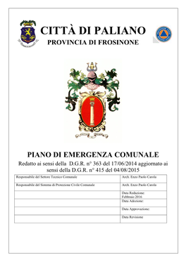 Città Di Paliano Provincia Di Frosinone Piano Di Emergenza Comunale