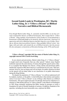 Second Isaiah Lands in Washington, DC: Martin Luther King, Jr.’S “I Have a Dream” As Biblical Narrative and Biblical Hermeneutic