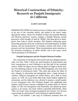 Historical Constructions of Ethnicity: Research on Punjabi Immigrants in California