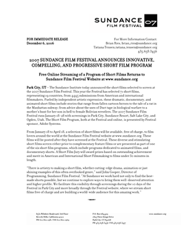 2007 Sundance Film Festival Announces Innovative, Compelling, and Progressive Short Film Program