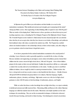 The Tension Between Triumphing on the Matric and Learning Critical Thinking Skills Presented at the Burma Studies Conference, NIU October 2012 Dr