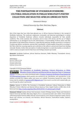 The Portraiture of Stockholm Syndrome: Cultural Dislocation in Phillis Wheatley’S Poetry Collection and Selected African American Texts